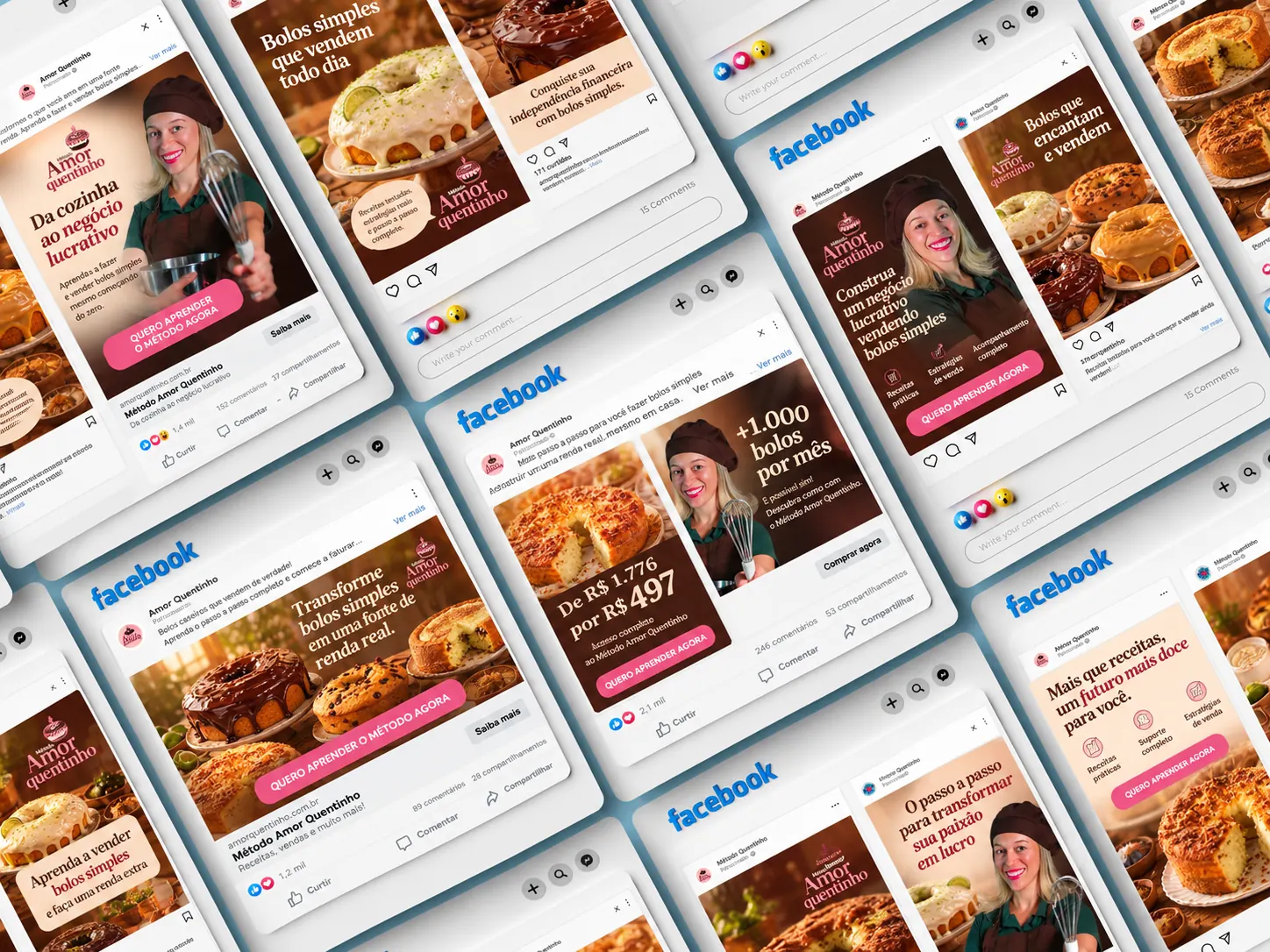 Colagem de anúncios do Método Amor Quentinho em molduras de feed do Facebook, com a Dani, bolos caseiros e chamadas como Da cozinha ao negócio lucrativo e Transforme bolos simples em uma fonte de renda real