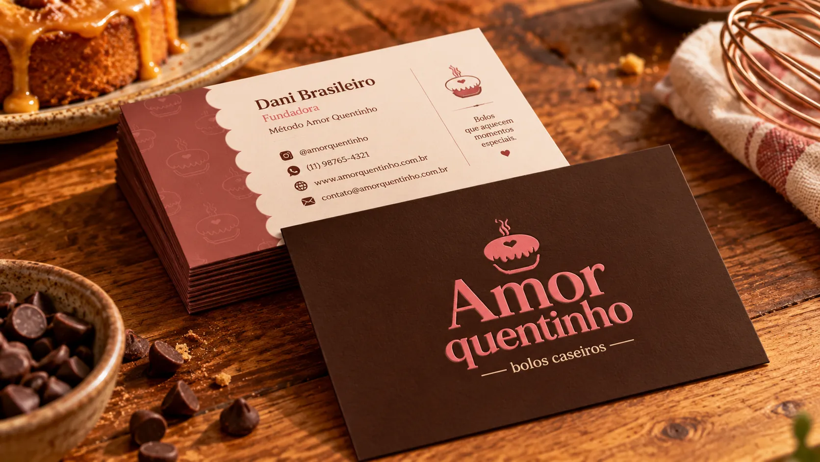 Cartões de visita da Amor Quentinho sobre uma mesa de madeira: um marrom com o logotipo em rosa e uma pilha de cartões creme com o nome Dani Brasileiro, fundadora, e os contatos da marca