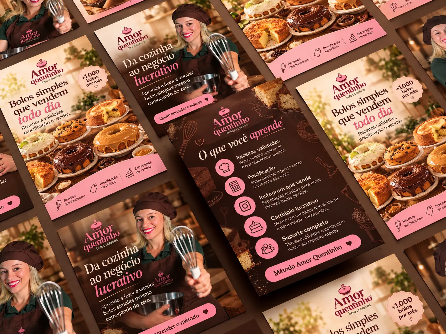 Peças da campanha da Amor Quentinho em rosa e marrom, com as chamadas Bolos simples que vendem todo dia e Da cozinha ao negócio lucrativo, e uma peça que lista o que se aprende no método