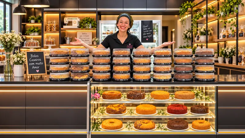 Interior da confeitaria, com pilhas de bolos embalados sobre o balcão, uma vitrine iluminada de bolos e uma atendente de braços abertos ao fundo