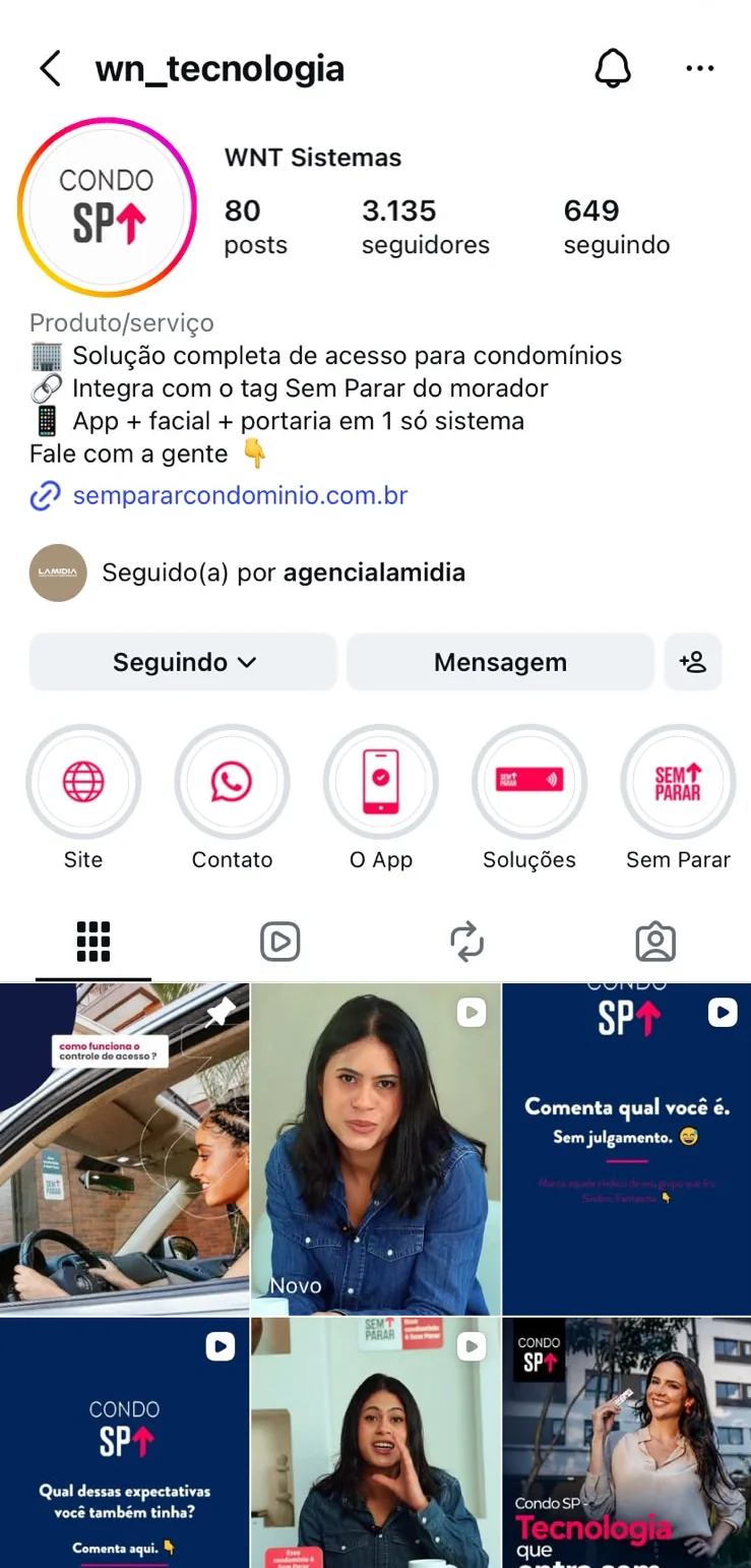 Perfil do Instagram @wn_tecnologia, da WNT Sistemas, com o logotipo Condo SP, 80 posts e 3.135 seguidores, a bio sobre a solução completa de acesso para condomínios, os destaques Site, Contato, O App, Soluções e Sem Parar e as primeiras publicações do feed
