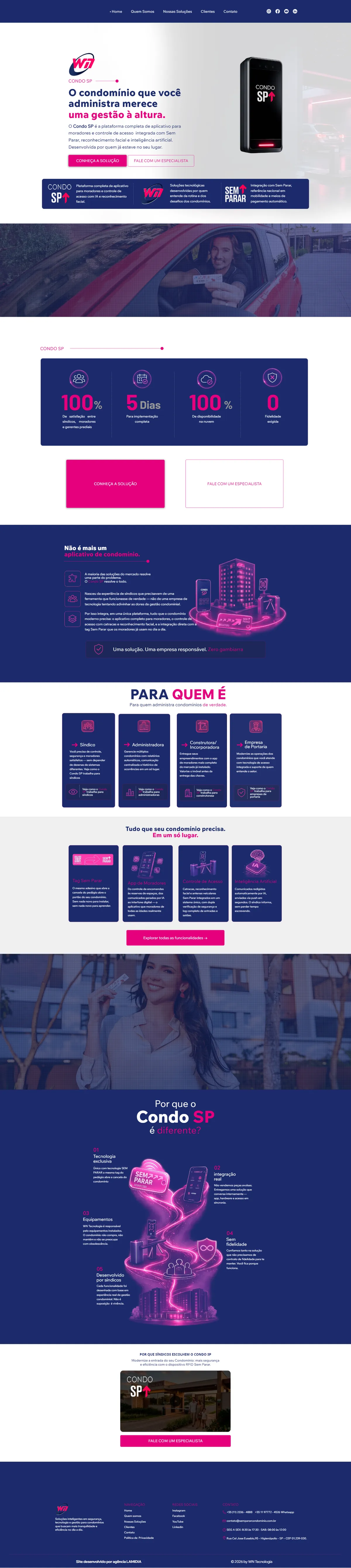 Site institucional da WN Tecnologia, com a chamada O condomínio que você administra merece uma gestão à altura, o leitor de acesso Condo SP, os números da solução e os blocos Para quem é e Por que o Condo SP é diferente