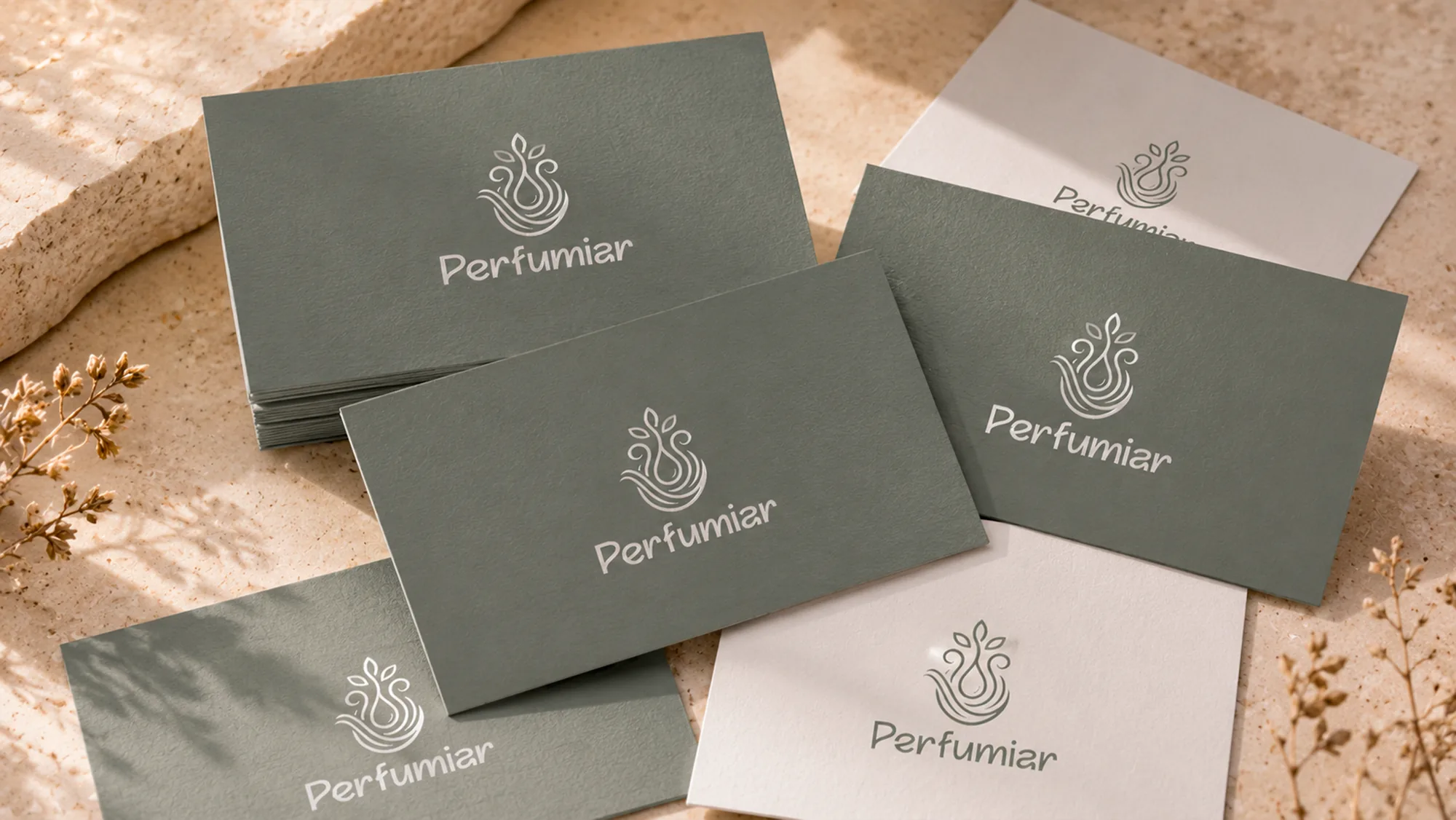 Cartões da marca Perfumiar em verde e em branco, com o símbolo e o logotipo, sobre superfície de pedra clara