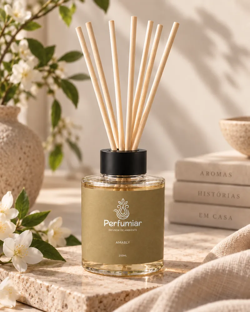 Arte do Instagram da fragrância Amably: difusor de rótulo dourado sobre um bloco de pedra, com flores brancas de jasmim, um vaso de cerâmica e uma pilha de livros claros