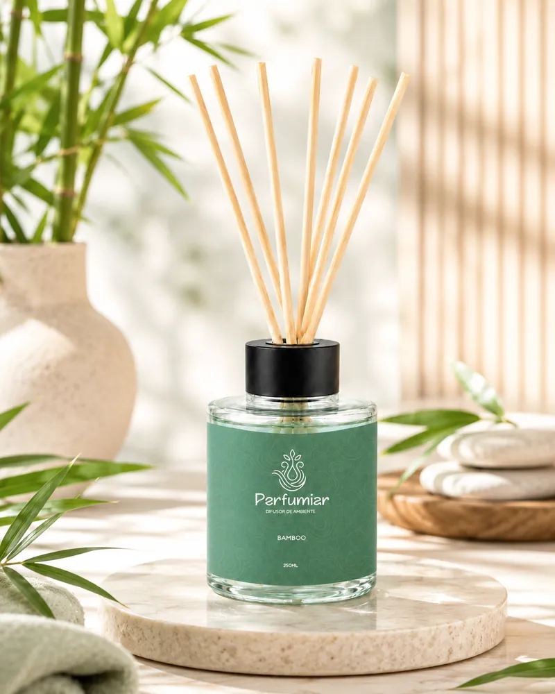 Arte do Instagram da fragrância Bamboo: difusor de rótulo verde sobre uma base de pedra clara, entre folhas de bambu, pedras brancas empilhadas e uma toalha verde