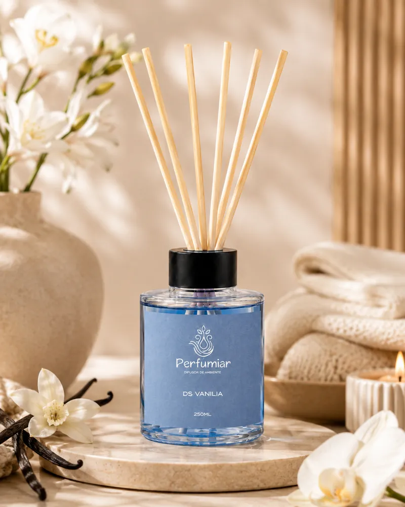 Arte do Instagram da fragrância DS Vanilia: difusor de rótulo e líquido azuis sobre uma base de pedra, com favas e flores de baunilha, toalhas de cor creme e uma vela acesa