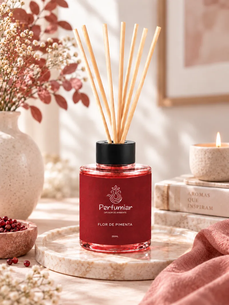 Arte do Instagram da fragrância Flor de Pimenta: difusor de rótulo e líquido vermelhos sobre uma bandeja de pedra clara, com uma tigela de pimenta rosa, um ramo de folhas avermelhadas e uma vela acesa