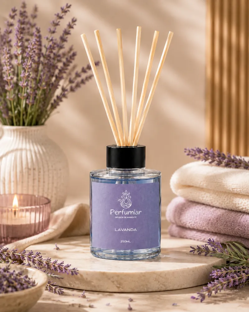 Arte do Instagram da fragrância Lavanda: difusor de rótulo lilás sobre uma base de pedra, com ramos de lavanda, toalhas em creme e lilás e uma vela acesa em copo rosado