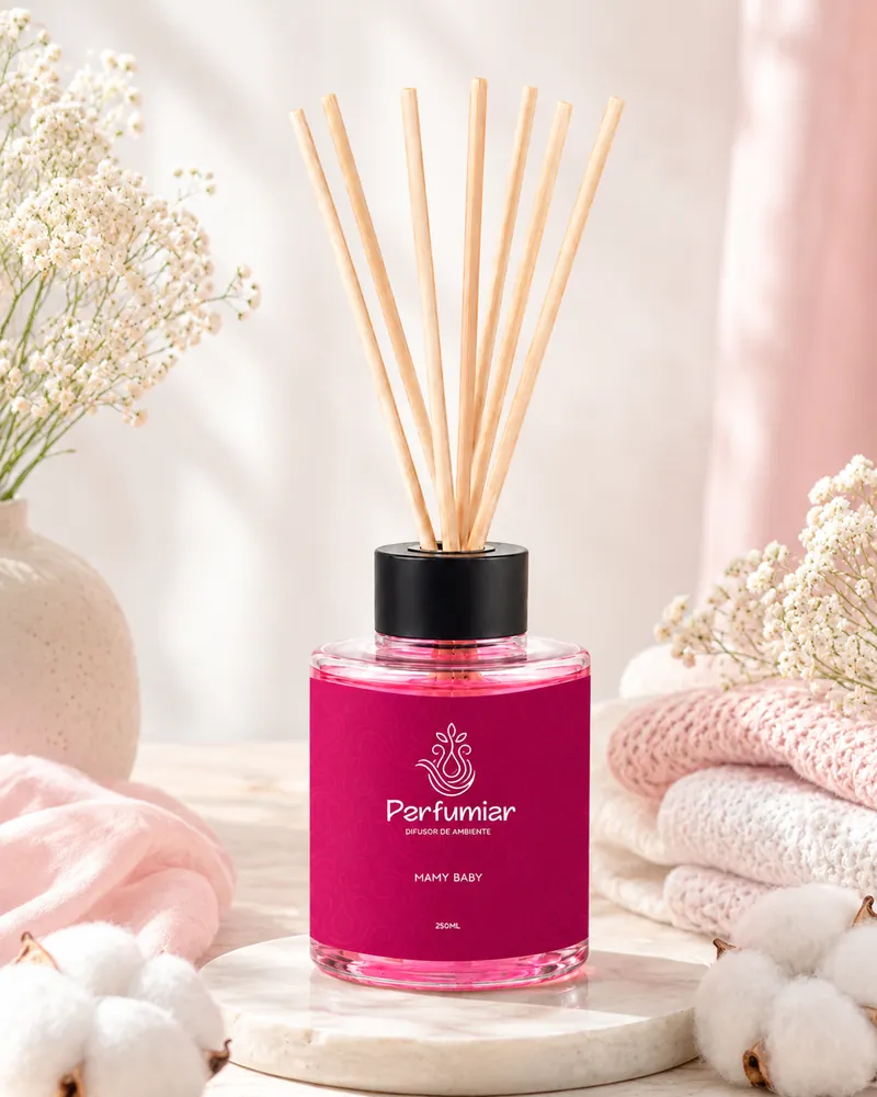 Arte do Instagram da fragrância Mamy Baby: difusor de rótulo e líquido rosa sobre uma base de mármore, com flores de algodão, mantas de tricô rosa e brancas e ramos de mosquitinho