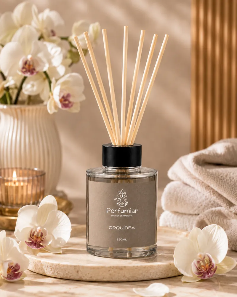 Arte do Instagram da fragrância Orquídea: difusor de rótulo marrom acinzentado sobre uma base de pedra, cercado de orquídeas brancas, com toalhas dobradas e uma vela acesa ao fundo
