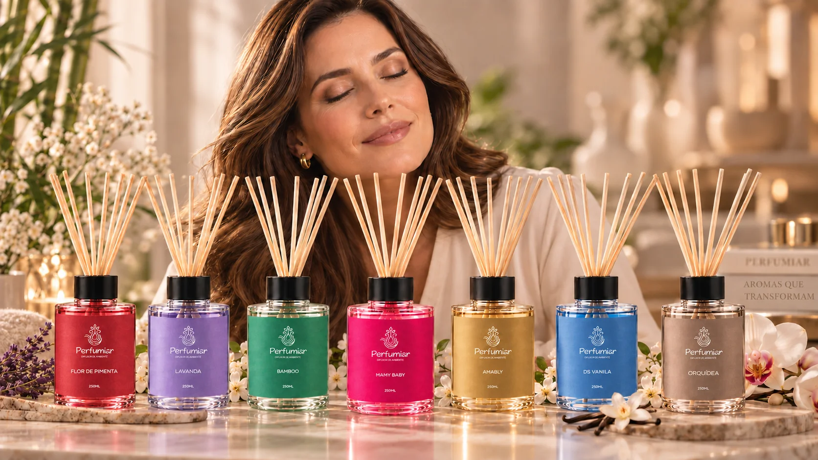 Mulher de olhos fechados sentindo o aroma, atrás da linha completa de sete difusores Perfumiar (Flor de Pimenta, Lavanda, Bamboo, Mamy Baby, Amably, DS Vanilia e Orquídea) dispostos sobre uma bancada de mármore