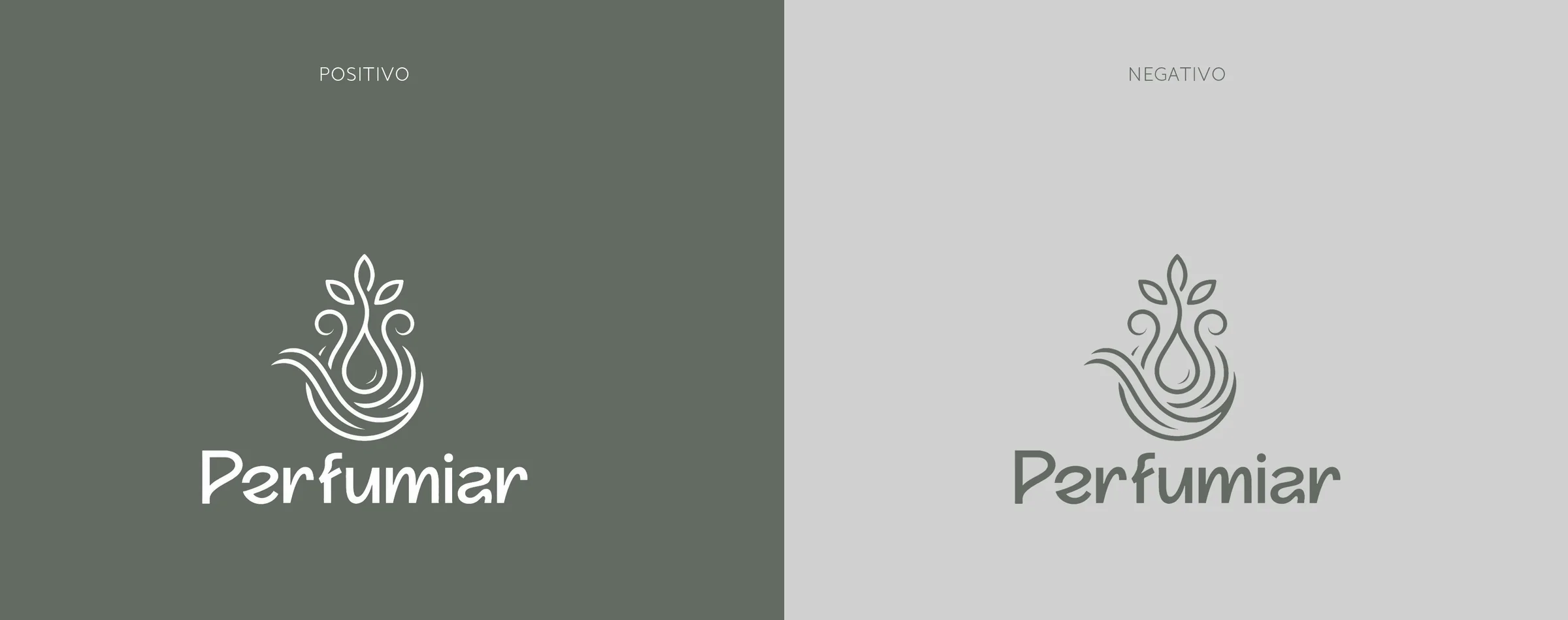 Logotipo Perfumiar nas versões positiva, em branco sobre verde, e negativa, em verde sobre cinza claro