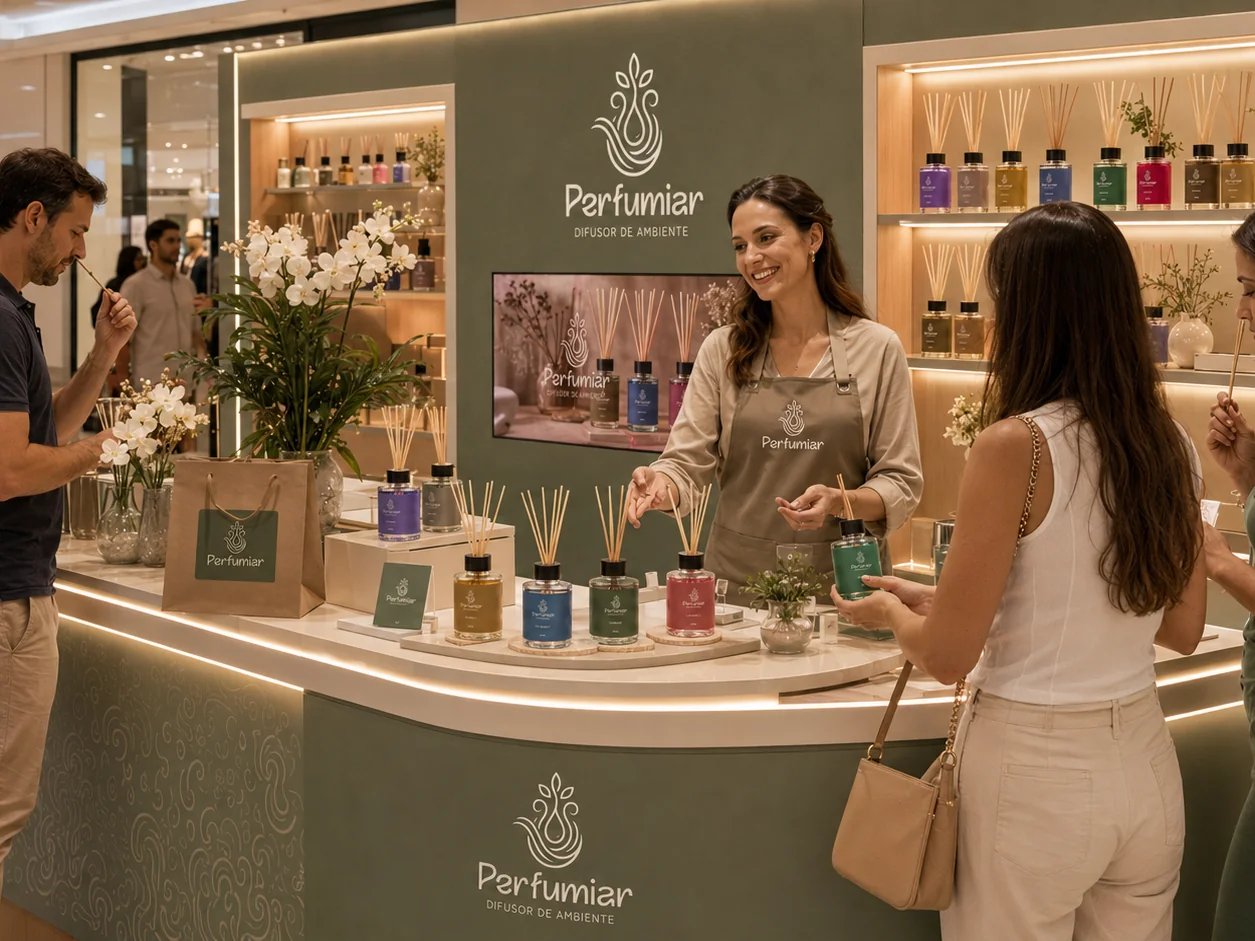Quiosque da Perfumiar em corredor de shopping, com a atendente mostrando os difusores a um cliente que cheira um bastão perfumado, enquanto outra cliente segura um frasco verde diante da vitrine completa de fragrâncias