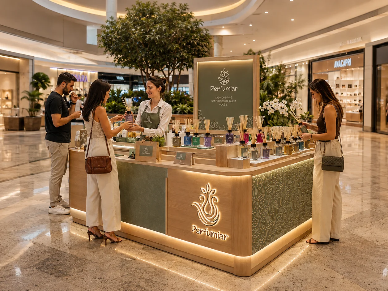 Quiosque da Perfumiar no centro de um shopping, com a atendente entregando um difusor a uma cliente, o logotipo iluminado na lateral do balcão e a linha completa de fragrâncias exposta ao fundo