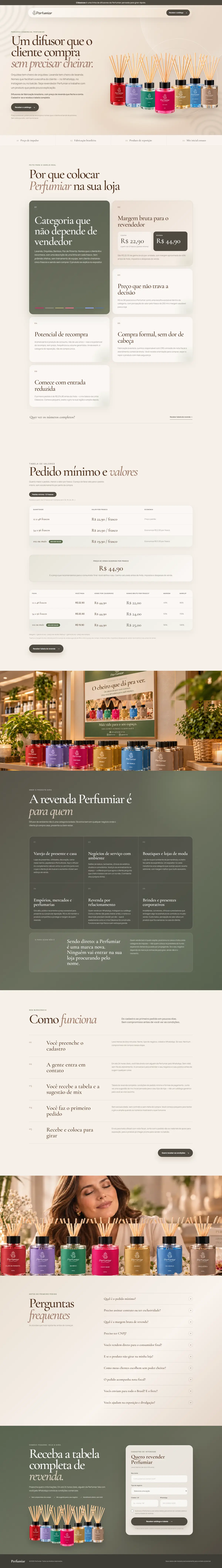 Landing page de revenda da Perfumiar, com a chamada Um difusor que o cliente compra sem precisar cheirar e a linha completa de difusores