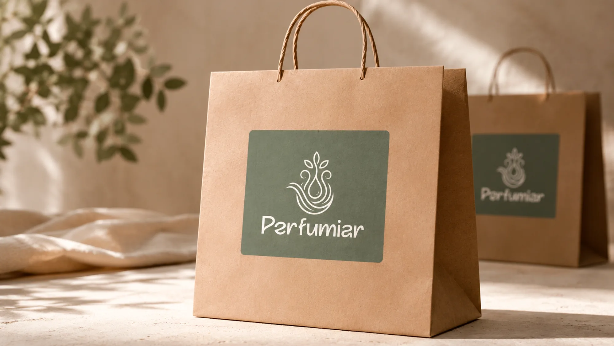 Sacola de papel kraft com etiqueta verde e o logotipo da Perfumiar