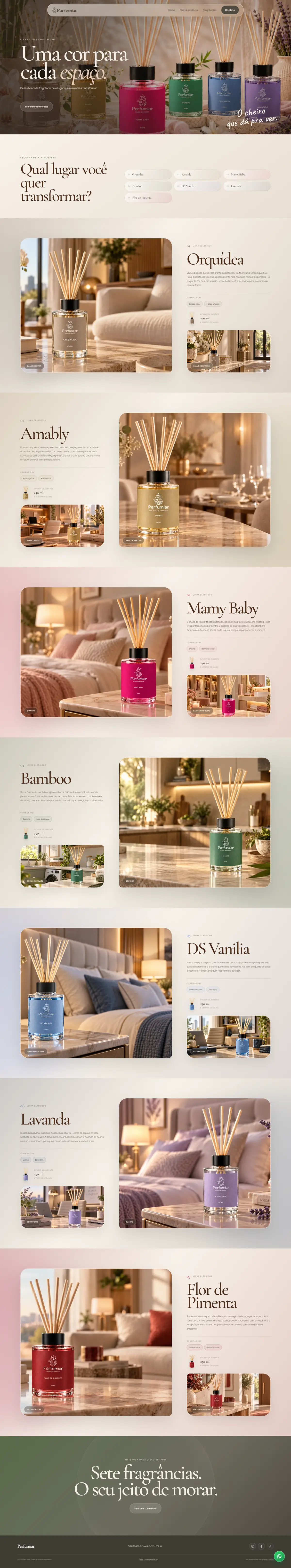 Página de produtos do site da Perfumiar, com cada fragrância em um ambiente de cor própria
